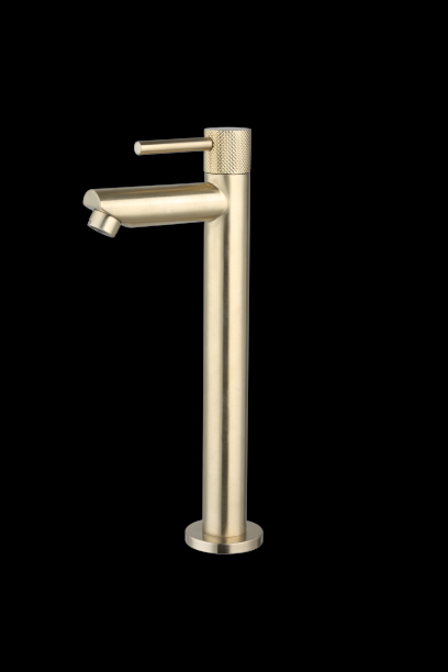 Fonteinkraan hoog rond Goud Geborsteld met geribbeld knop