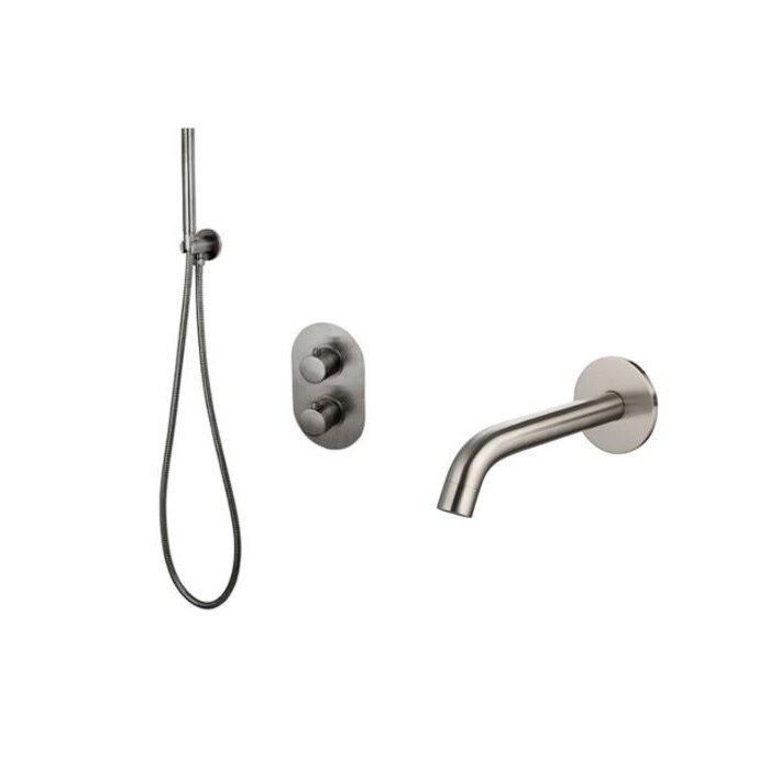 Badset inbouw met box thermostaat, muurbevestiging / doucheslang, staafhanddouche rond Gun Metal
