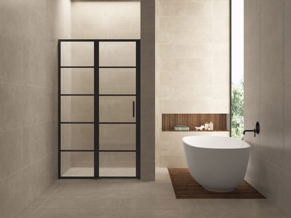 Horizon nisdeur met vast deel en raster 1000 x 2000 x 8mm nano helder glas/mat zwart - Draaideuren | Lapy