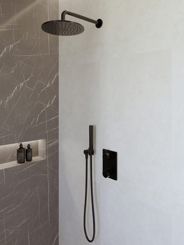 Caral inbouwthermostaat compleet met hoofddouche 25 cm en staafhanddouche mat zwart - Complete douchekranensets | Lapy