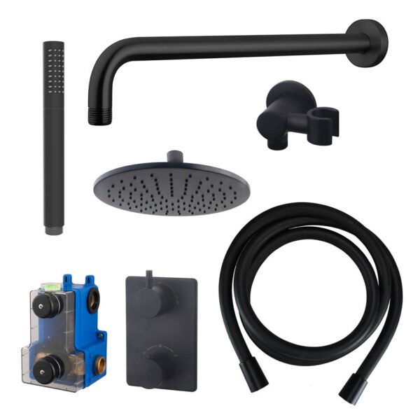 Caral inbouwthermostaat compleet met hoofddouche 25 cm en staafhanddouche mat zwart - Complete douchekranensets | Lapy
