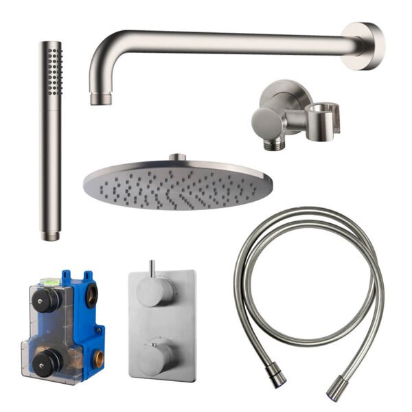 Caral inbouwthermostaat compleet met hoofddouche 25 cm en staafhanddouche geborsteld staal - Complete douchekranensets | Lapy