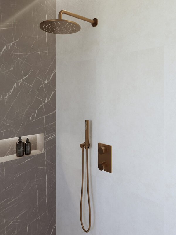 Caral inbouwthermostaat compleet met hoofddouche 25 cm en staafhanddouche geborsteld brons koper | Lapy