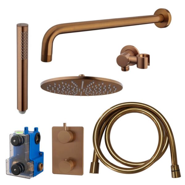 Caral inbouwthermostaat compleet met hoofddouche 25 cm en staafhanddouche geborsteld brons koper | Lapy