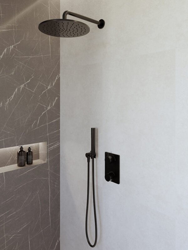 Caral inbouwthermostaat compleet met hoofddouche 30 cm en staafhanddouche mat zwart - Complete douchekranensets | Lapy
