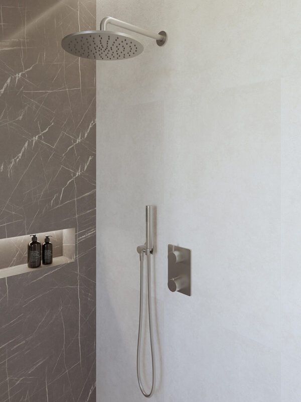 Caral inbouwthermostaat compleet met hoofddouche 30 cm en staafhanddouche geborsteld staal - Complete douchekranensets | Lapy