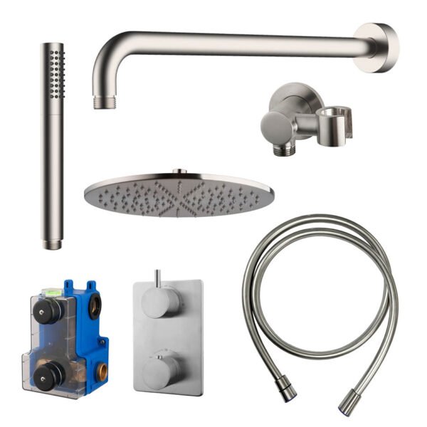 Caral inbouwthermostaat compleet met hoofddouche 30 cm en staafhanddouche geborsteld staal - Complete douchekranensets | Lapy