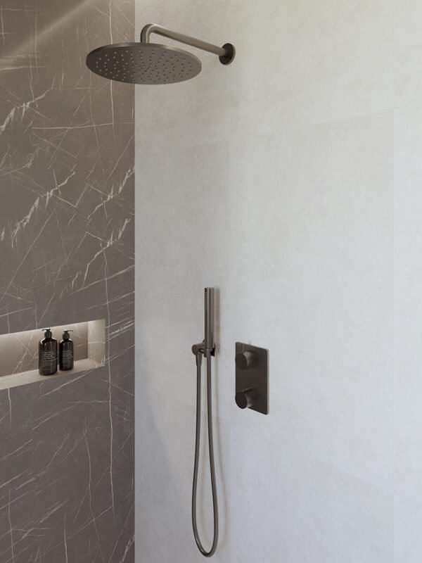 Caral inbouwthermostaat compleet met hoofddouche 30 cm en staafhanddouche gunmetal - Complete douchekranensets | Lapy