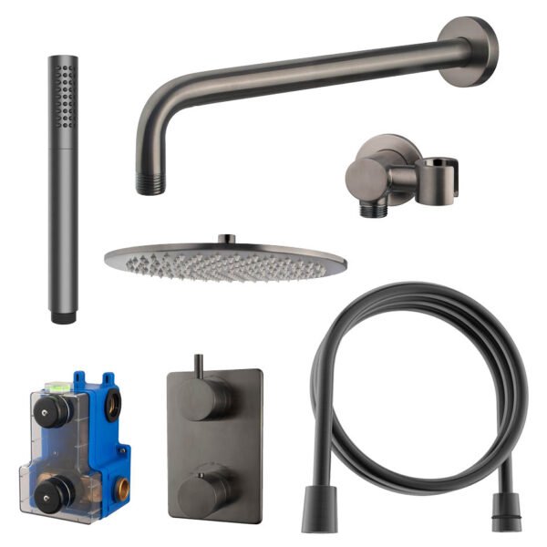 Caral inbouwthermostaat compleet met hoofddouche 30 cm en staafhanddouche gunmetal - Complete douchekranensets | Lapy