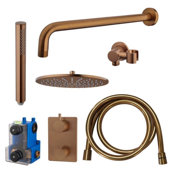 Caral inbouwthermostaat compleet met hoofddouche 30 cm en staafhanddouche geborsteld brons koper | Lapy