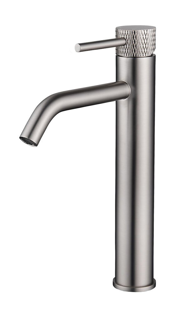 Ribbd XL wastafelkraan hoog met coldstart geborsteld staal PVD
