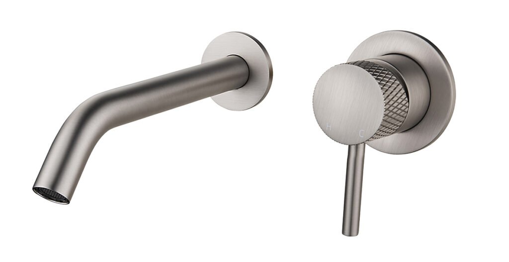 Ribbd eenhendel wastafelkraan met coldstart inbouw compleet geborsteld staal PVD