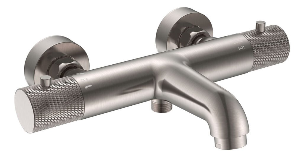 Ribbd thermostatische badmengkraan hartafstand 15 cm geborsteld staal PVD