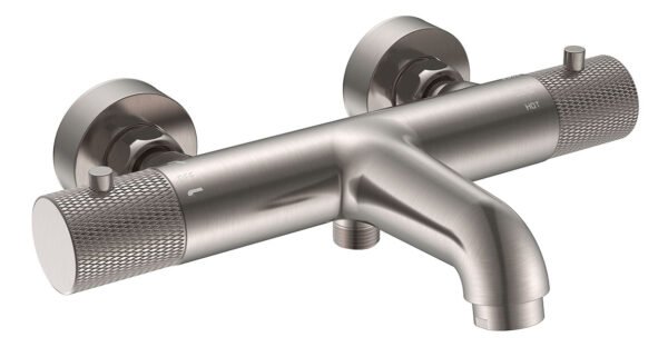Ribbd thermostatische badmengkraan hartafstand 15 cm geborsteld staal PVD