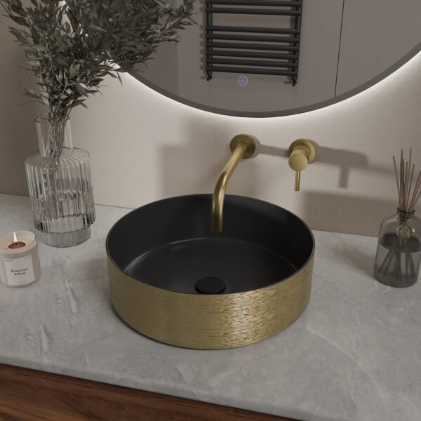 Mondri waskom rond 36 x 36 x 12 cm mat zwart/geborsteld goud - Waskommen | Lapy