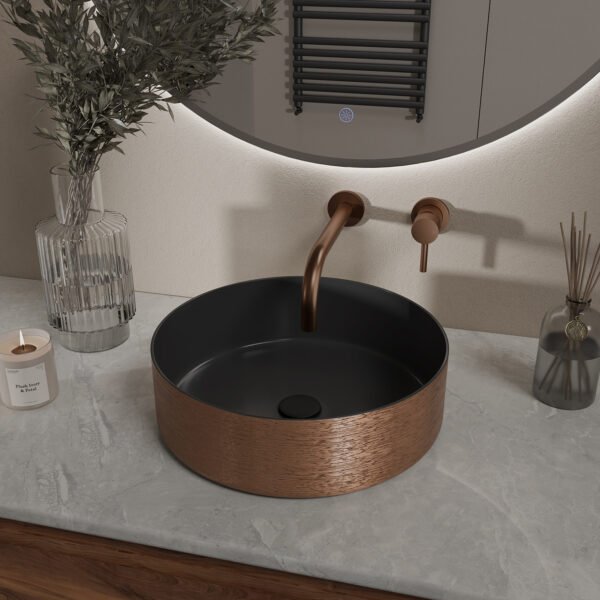 Mondri waskom rond 36 x 36 x 12 cm mat zwart/geborsteld brons koper - Waskommen | Lapy