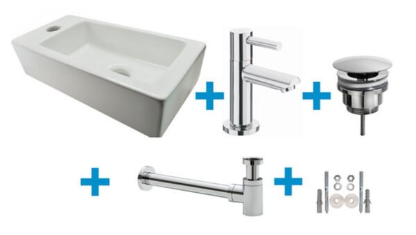 Fonteinset Rhea S mini met fontein links glans wit, kraan, sifon en afvoerplug chroom - Complete fonteinsets | Lapy