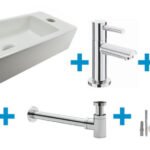 Fonteinset Rhea S mini met fontein rechts glans wit, kraan, sifon en afvoerplug chroom - Complete fonteinsets | Lapy