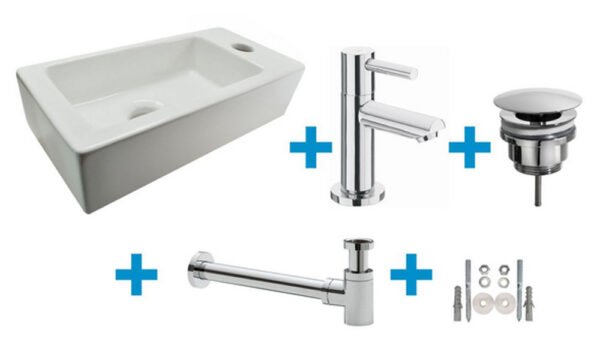 Fonteinset Rhea S mini met fontein rechts glans wit, kraan, sifon en afvoerplug chroom - Complete fonteinsets | Lapy