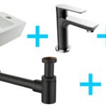 Fonteinset Rhea S mini met fontein rechts glans wit, Casma kraan, sifon en afvoerplug zwart/chroom | Lapy