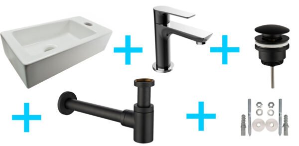 Fonteinset Rhea S mini met fontein rechts glans wit, Casma kraan, sifon en afvoerplug zwart/chroom | Lapy