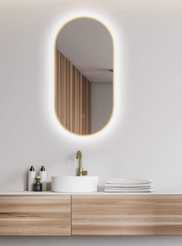 Nomi spiegel met lijst ovaal met LED, dimbaar en spiegelverwarming 50 x 100 cm goud - Spiegels met verlichting | Lapy