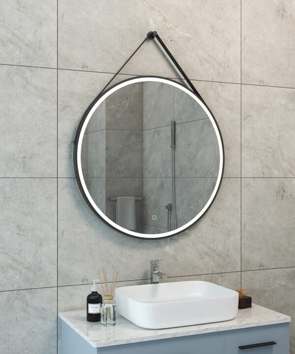 Cinto spiegel rond met band, LED, dimbaar en spiegelverwarming 80 cm mat zwart - Spiegels met verlichting | Lapy