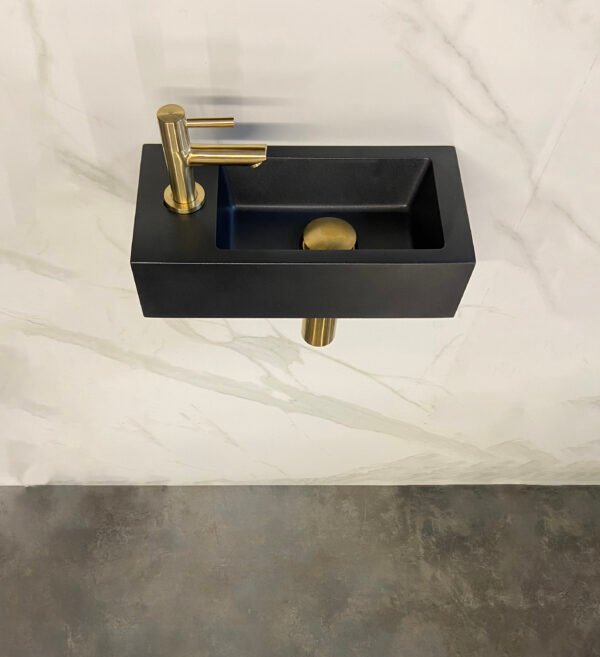 Fonteinset Rhea S mini met fontein links quartz, kraan, sifon en afvoerplug geborsteld messing - Complete fonteinsets | Lapy