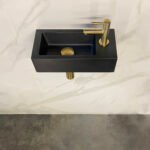Fonteinset Rhea S mini met fontein rechts quartz, kraan, sifon en afvoerplug geborsteld messing - Complete fonteinsets | Lapy