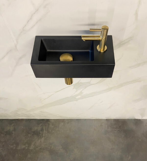 Fonteinset Rhea S mini met fontein rechts quartz, kraan, sifon en afvoerplug geborsteld messing - Complete fonteinsets | Lapy
