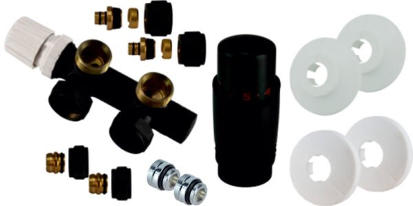 Onderblok set haaks links compleet 16 x 2,0 en 15 mm knel mat zwart - Radiatoraansluitsets | Lapy