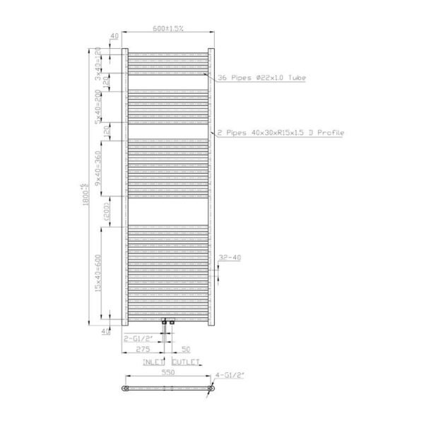 Radiator Lydia 180×60 cm grafiet met midden-onderaansluiting - Radiator Lydia | Lapy