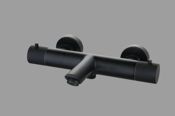 Badmengkraan thermostatisch rond Mat Zwart met geribbeld knop - Badkraan opbouw | Lapy