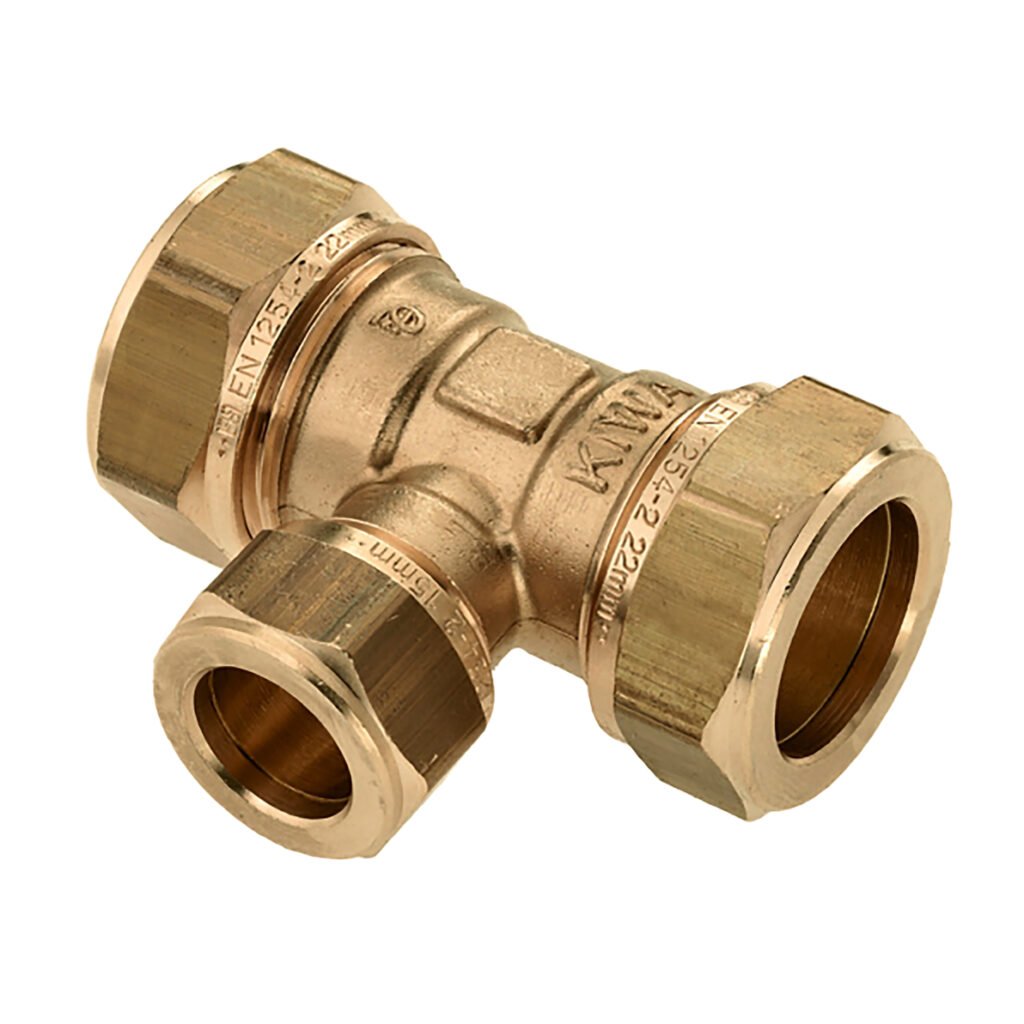 T-koppeling messing Kiwa Gastec 22 mm x 15 mm x 22 mm knel