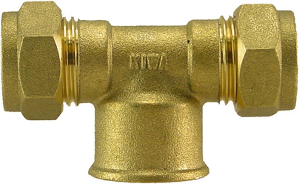 Knelkoppeling T-stuk Kiwa Gastec 22 mm x 1/2" x 22 mm bi messing