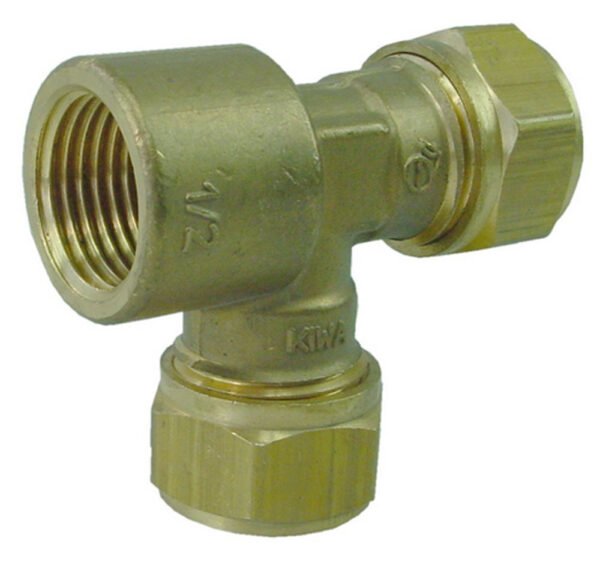 Knelkoppeling T-stuk Kiwa Gastec 22 mm x 22 mm x 1/2″ bi messing - Knelfittingen | Lapy