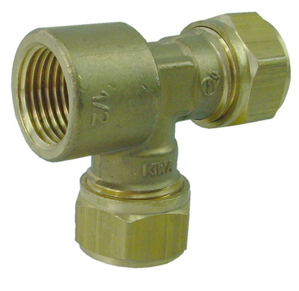 Knelkoppeling T-stuk Kiwa Gastec 22 mm x 22 mm x 1/2" bi messing