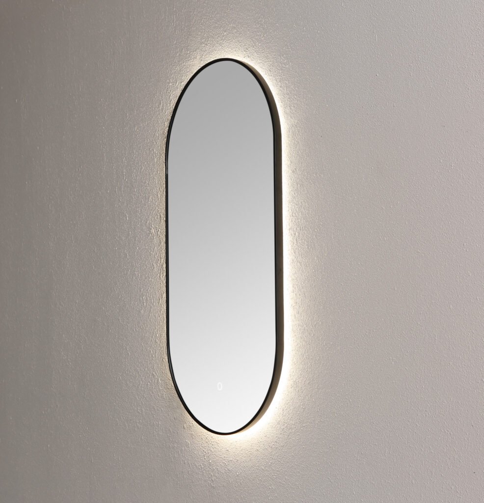 Spiegel ambiance ovaal Mat Zwart met indirecte LED verlichting, 3 kleur instelbaar & dimbaar incl. spiegelverwarming