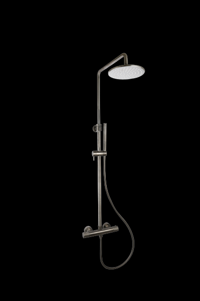 Doucheset thermostatisch (in hoogte verstelbaar) rond Gun Metal met geribbeld knop