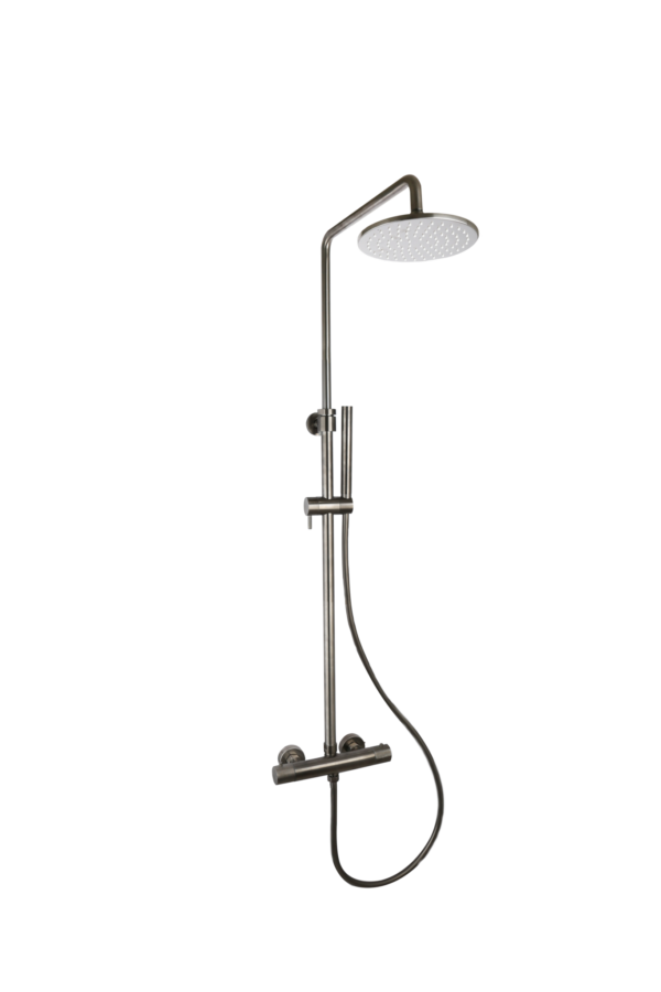 Doucheset thermostatisch (in hoogte verstelbaar) rond Gun Metal met geribbeld knop | Lapy