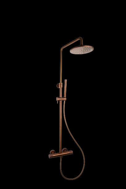 Doucheset thermostatisch (in hoogte verstelbaar) rond Brons met geribbeld knop douchekop 25 cm