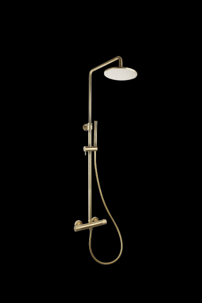 Doucheset thermostatisch (in hoogte verstelbaar) rond Goud Geborsteld met geribbeld knop douchekop 30 cm