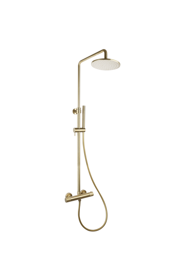 Doucheset thermostatisch (in hoogte verstelbaar) rond Goud Geborsteld met geribbeld knop douchekop 25 cm | Lapy