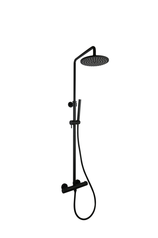 Doucheset thermostatisch (in hoogte verstelbaar) rond Mat Zwart met geribbeld knop douchekop 25 cm