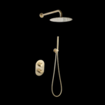 Doucheset inbouw met box thermostaat, muurbevestiging / douchekop 25 cm rond Goud Geborsteld met geribbeld knop | Lapy
