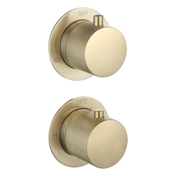 Doucheset inbouw met box thermostaat, muurbevestiging / afwerkringen / douchekop 25 cm rond Goud Geborsteld met | Lapy