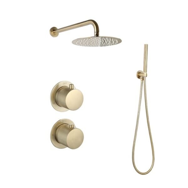 Doucheset inbouw met box thermostaat, muurbevestiging / afwerkringen / douchekop 25 cm rond Goud Geborsteld met | Lapy