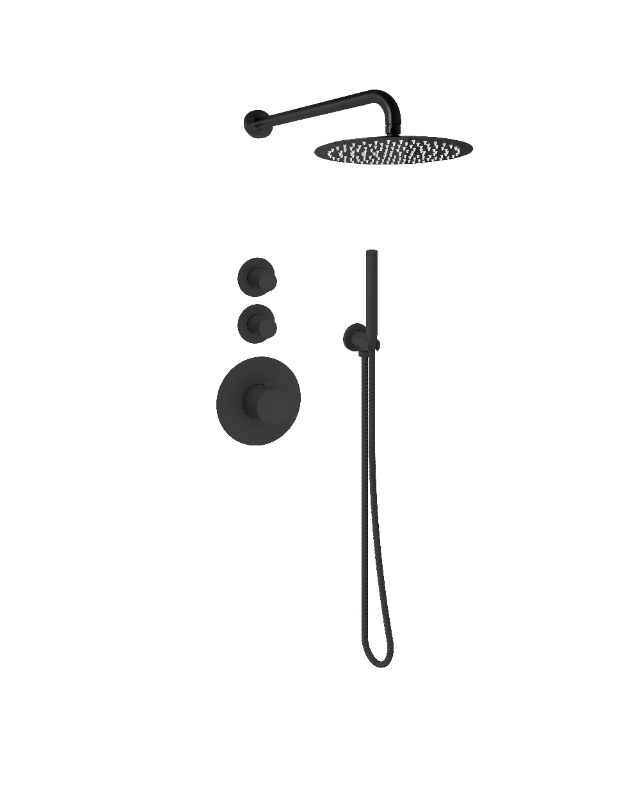 Doucheset inbouw deluxe met box thermostaat, muurbevestiging / douchekop 25 cm rond Mat Zwart met geribbeld knop