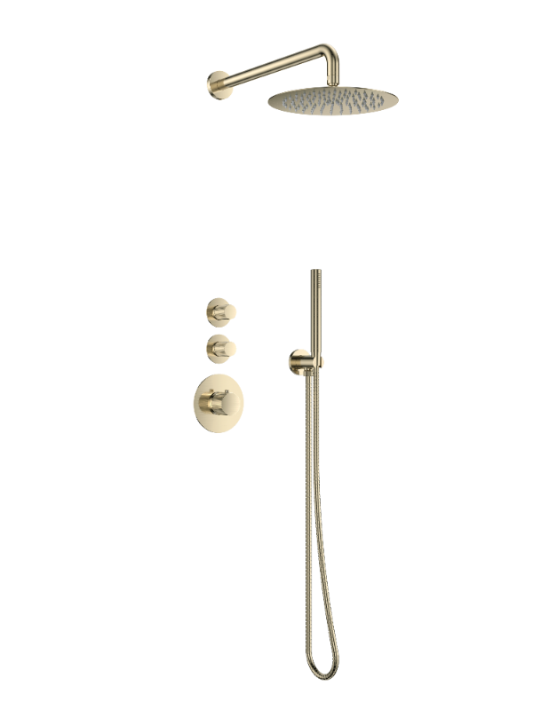 Doucheset inbouw deluxe met box thermostaat, muurbevestiging / douchekop 25 cm rond Goud Geborsteld met geribbeld knop