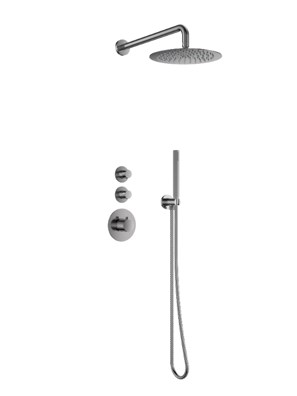 Doucheset inbouw deluxe met box thermostaat, muurbevestiging / douchekop 25 cm rond Gun Metal